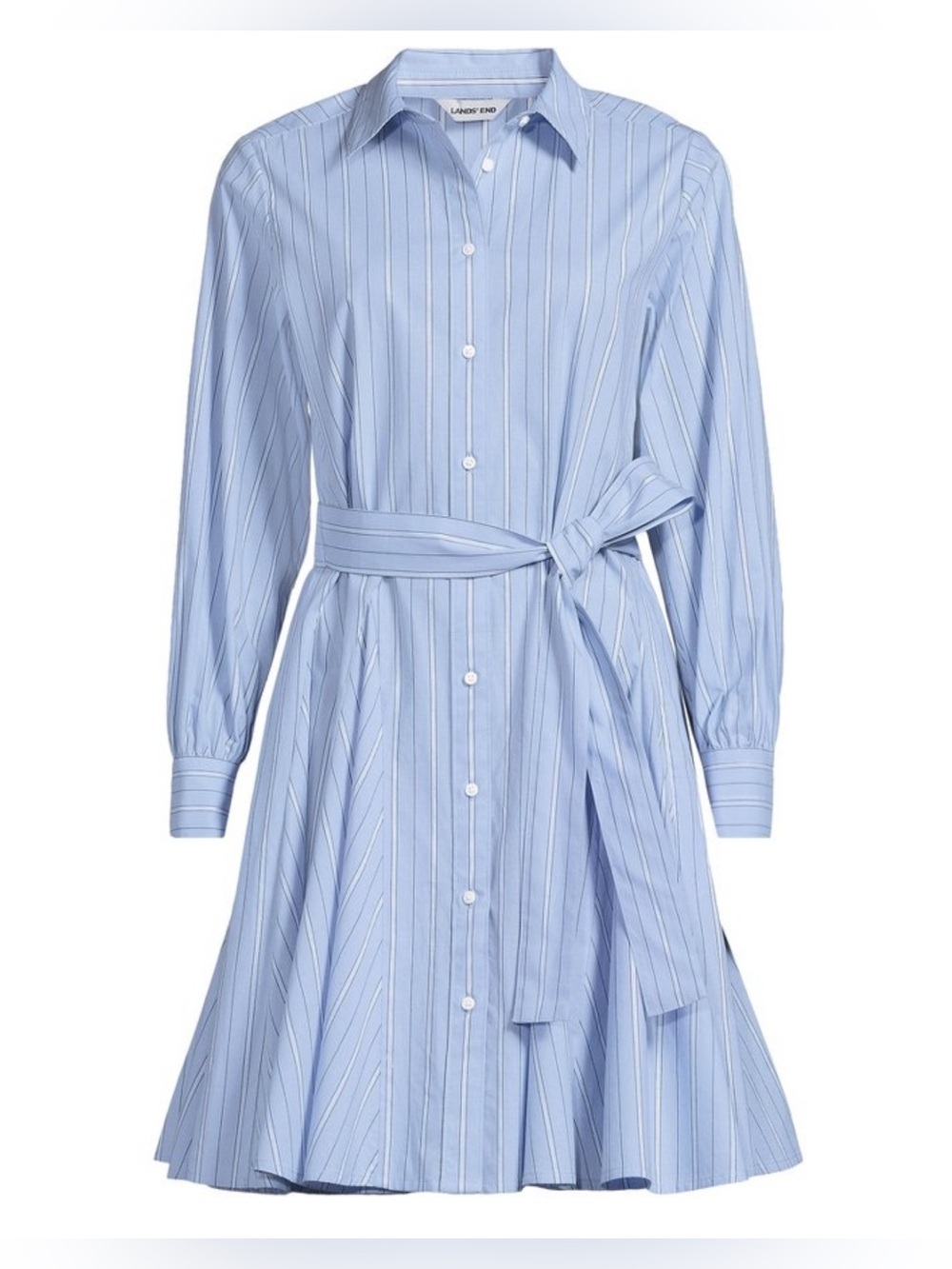 Lands' End Women's Medium Poplin Front Fit and Flare Blue/White Stripe Dress - Picture 8 of 10